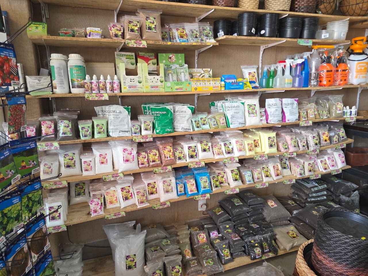 Equipe na loja auxiliando clientes com produtos de jardinagem